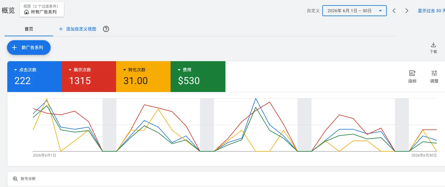 石家庄减肥肽外贸公司Google Ads 6月数据截图